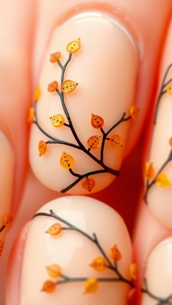 Nails featuring a delicate branch design with colorful autumn leaves