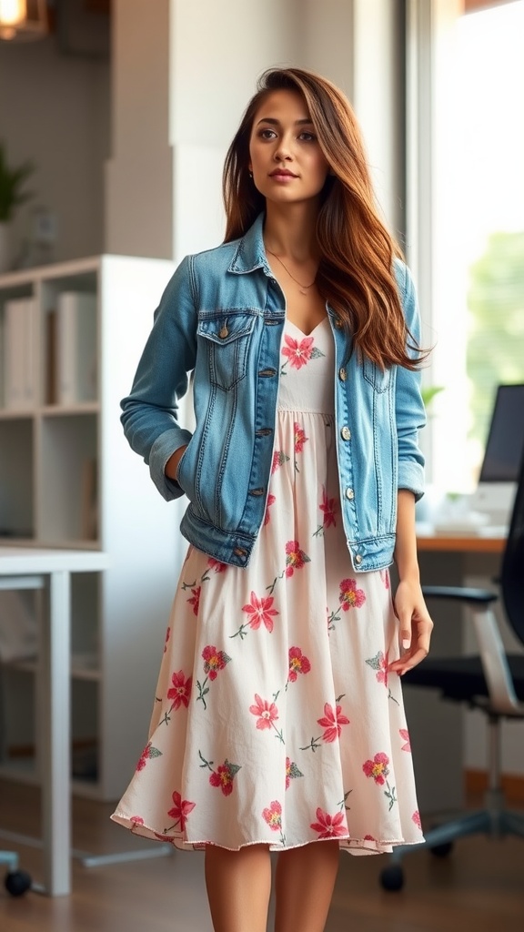 A mannequin wearing a denim jacket over a flowy dress in a modern office setting.