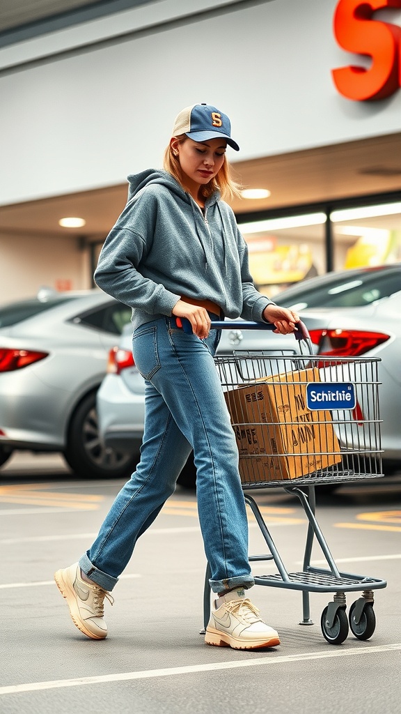 A casual outfit featuring a denim jacket layered over a white tee and baggy jeans, styled with brown shoes against a city skyline.