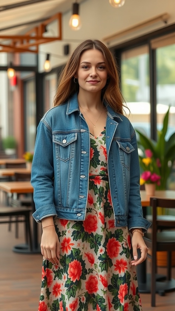 A woman wearing a denim jacket over a floral dress, standing in a bright, modern cafe.