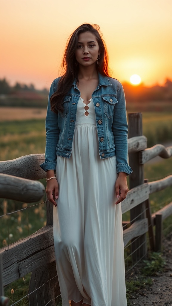 A woman wearing a denim jacket over a white maxi dress, standing by a wooden fence at sunset.