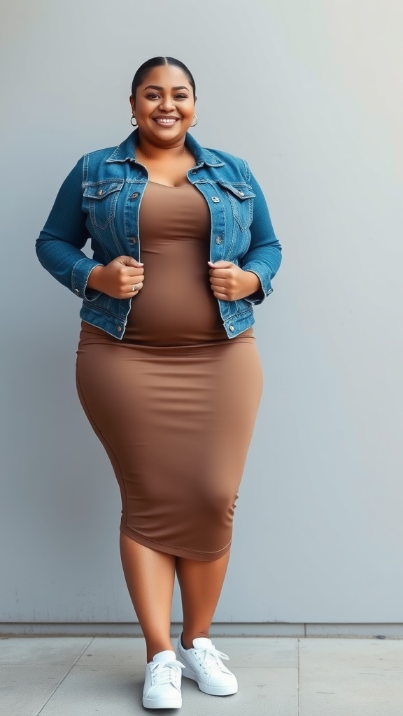A smiling woman wearing a denim jacket over a brown bodycon midi dress and white sneakers.