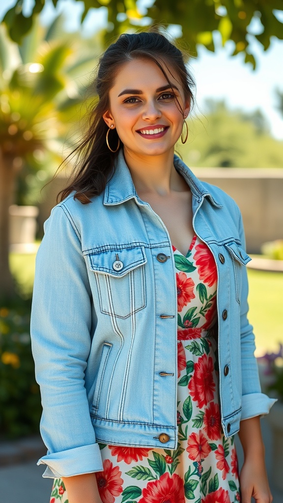 A woman smiling while wearing a denim jacket over a floral dress, showcasing a chic casual look.