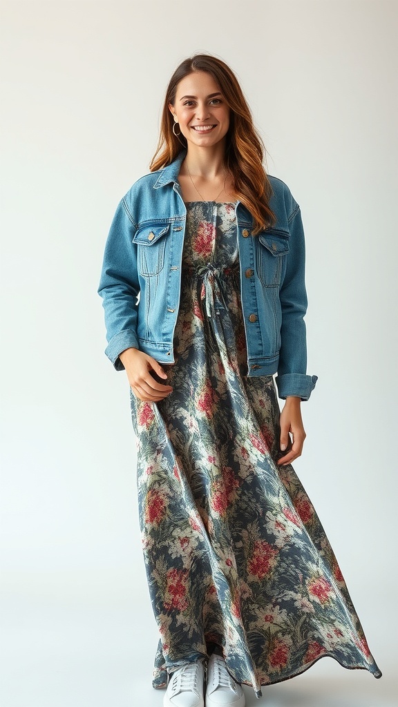 A woman wearing a denim jacket over a floral maxi dress, paired with white sneakers.