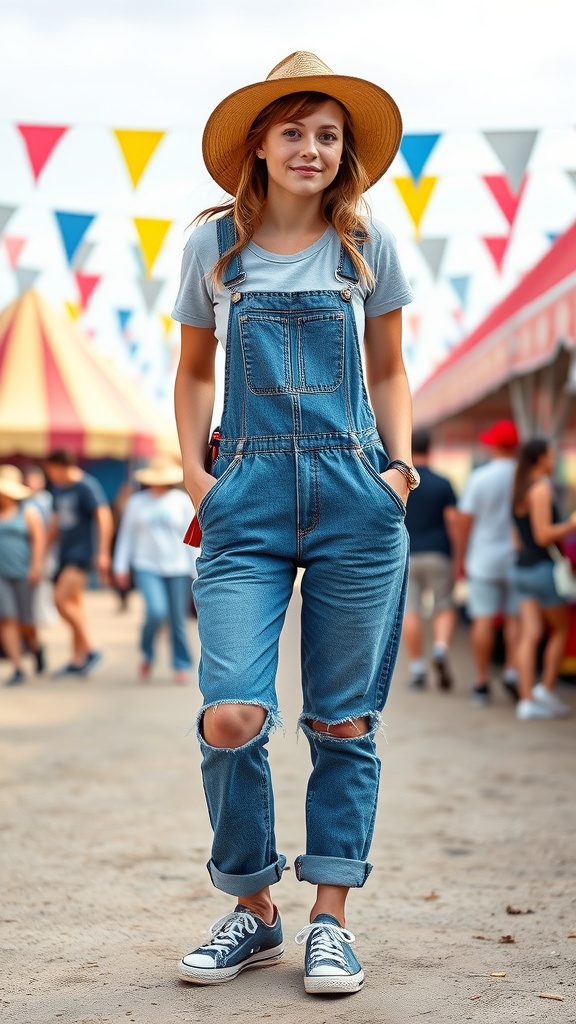 A young woman wearing denim overalls and casual sneakers, standing in a festive outdoor setting.