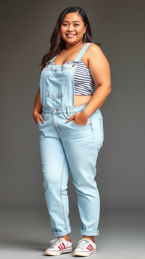 A girl wearing light blue denim overalls over a striped cropped tank top, smiling confidently.