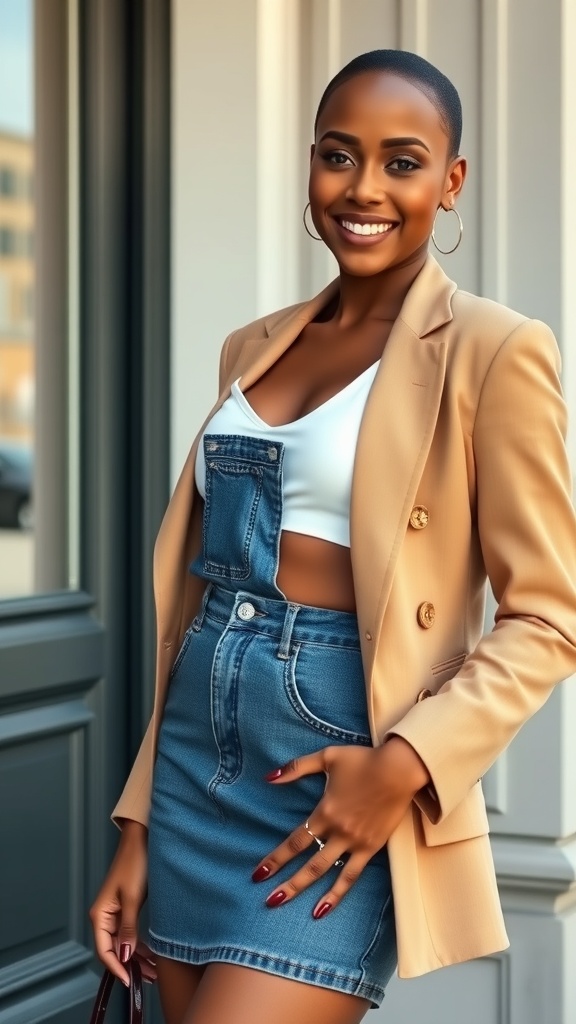 A smiling woman wearing a denim pencil skirt, a crop top, and a blazer, showcasing a stylish outfit.