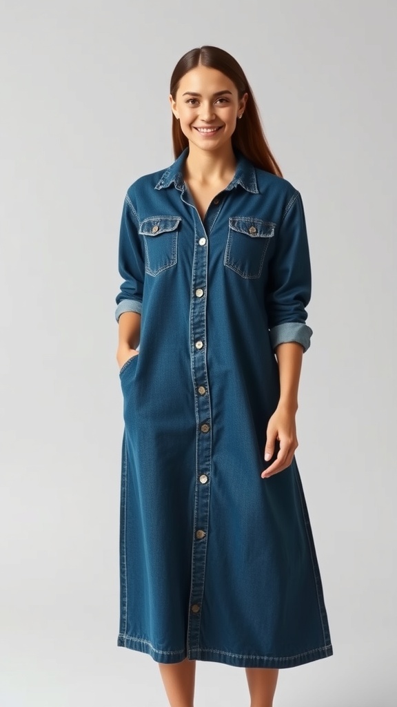 A woman wearing a denim shirt-style long sleeve maxi dress, smiling with hands in pockets.