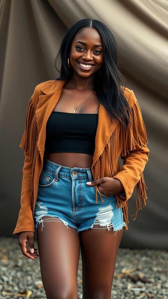A woman smiling while wearing denim shorts and a fringe jacket, showcasing a trendy concert outfit.