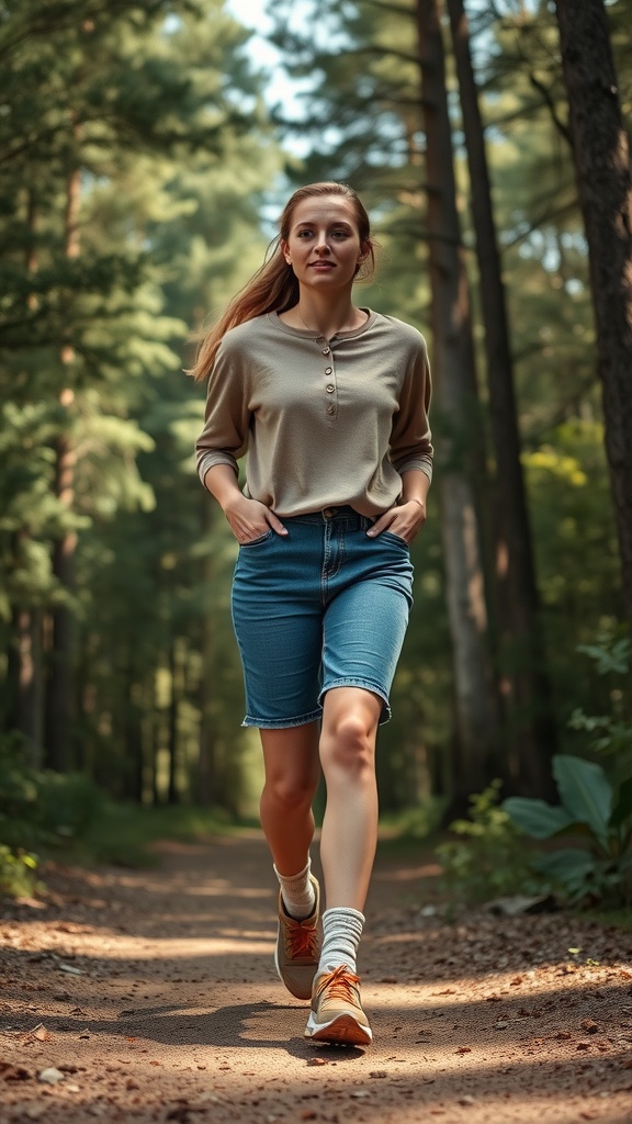 A woman walking on a forest path wearing denim shorts and an oversized henley shirt.
