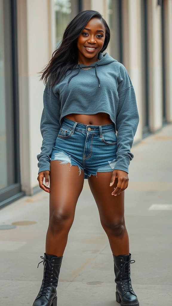 A Black woman wearing denim shorts, black shark boots, and a cropped hoodie, smiling confidently.