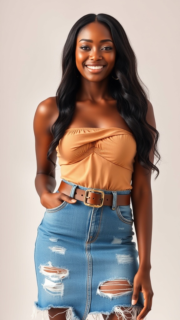 A smiling Black woman wearing a tube top and a ripped denim skirt with a statement belt.