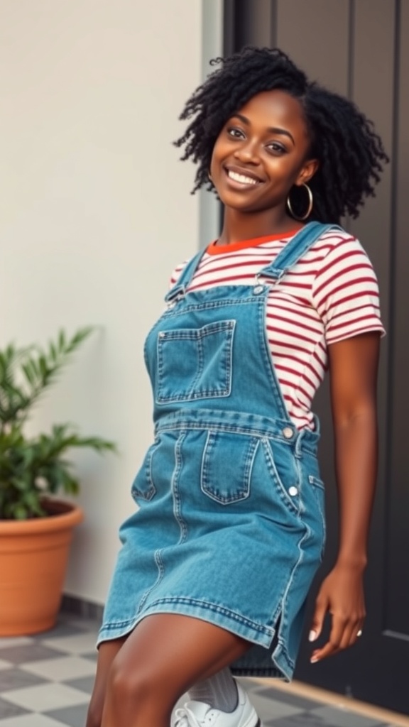 A smiling Black woman wearing a denim skirt overall with a striped cropped tee, posing casually.