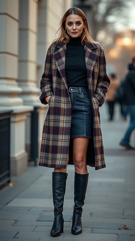 A stylish woman wearing a plaid wool coat over a black turtleneck and denim skirt, paired with knee-high boots, walking in a city street.