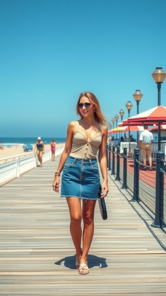 A mannequin wearing a white tank top and a light-wash denim skirt, standing on a wooden walkway.