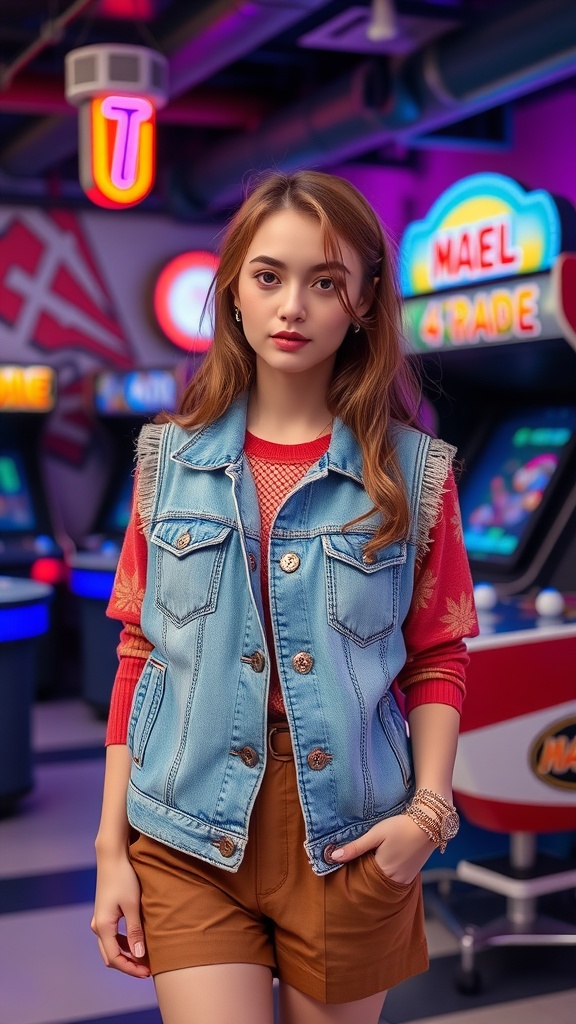 A model wearing a denim vest over a layered top, showcasing a retro 80s outfit in a vibrant arcade setting.