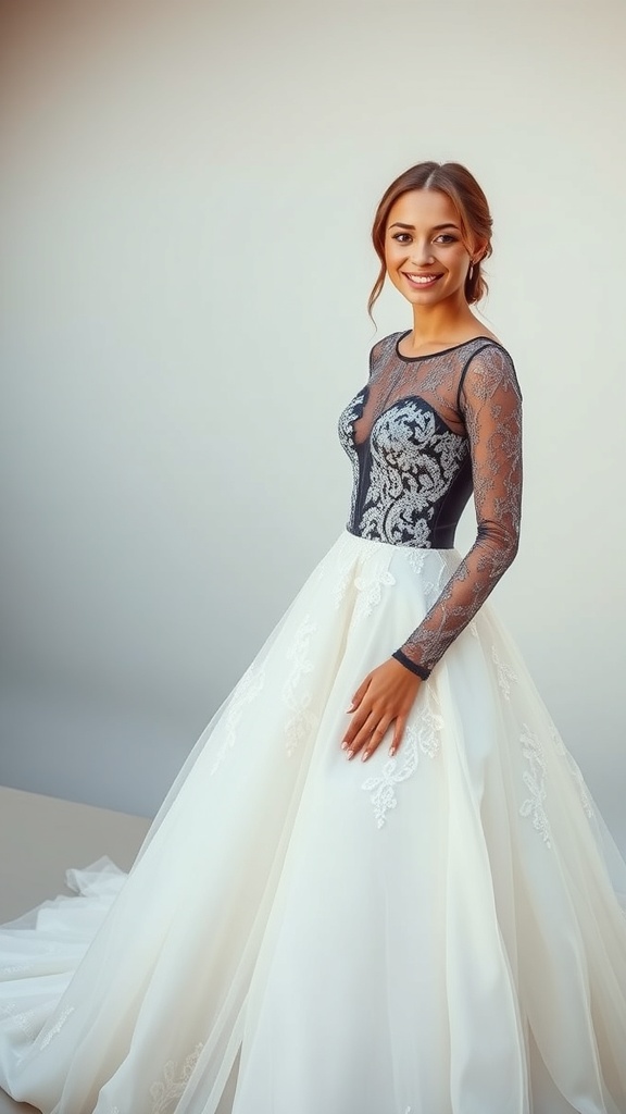 A bride wearing a lace long sleeve wedding dress with a detachable skirt, showcasing a lace bodysuit base.