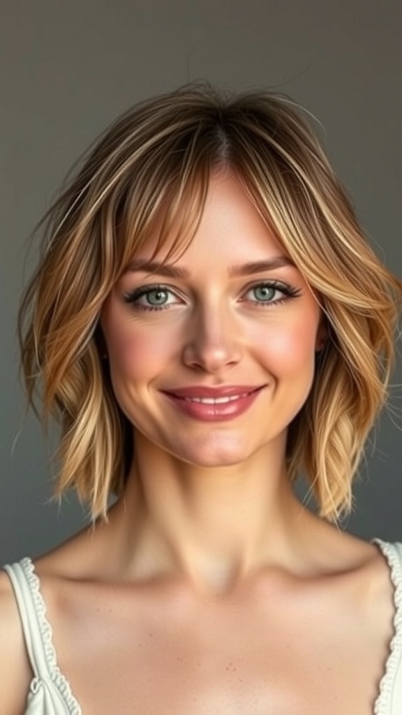 A woman with a dimensional blonde balayage bob hairstyle, smiling at the camera.