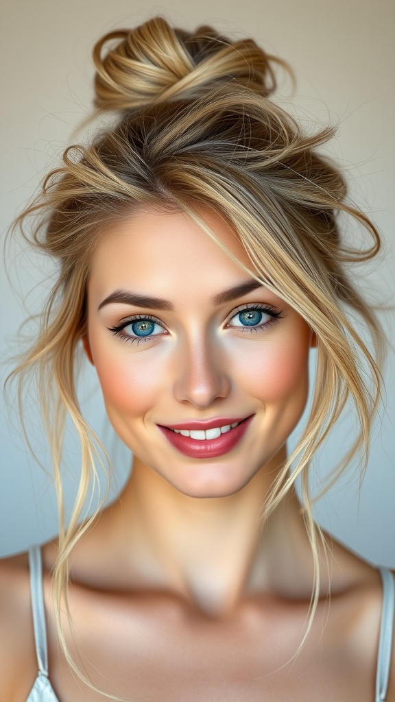 A woman with dirty blonde hair styled in a messy bun, showcasing her blue eyes and a radiant smile.