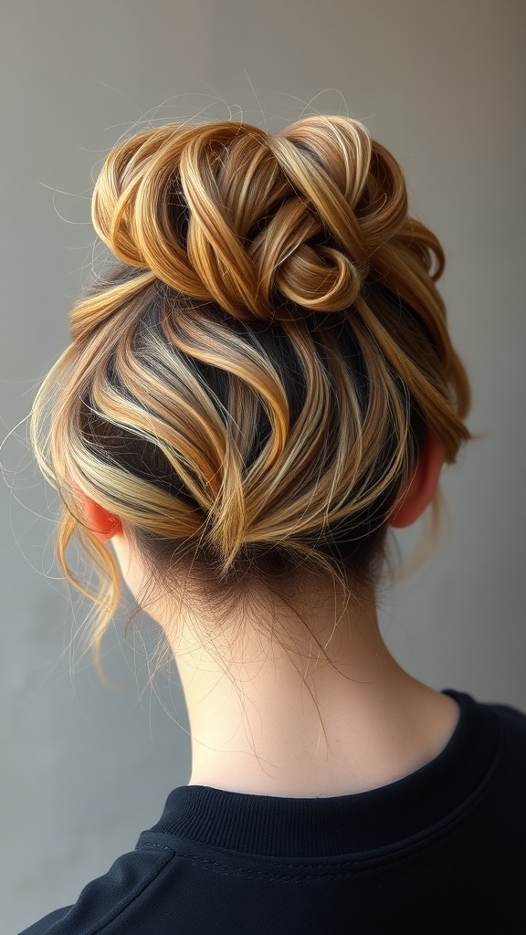 A stylish updo featuring dirty blonde hair with caramel lowlights, showcasing soft waves and a sophisticated look.