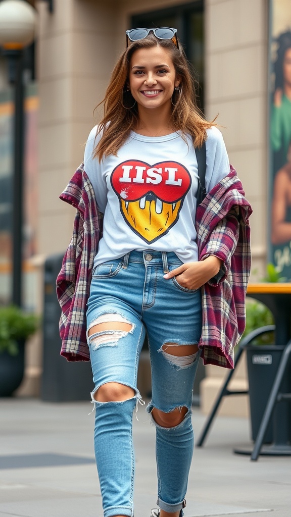 A person wearing distressed boyfriend jeans and a graphic tee, standing outdoors in a city setting.