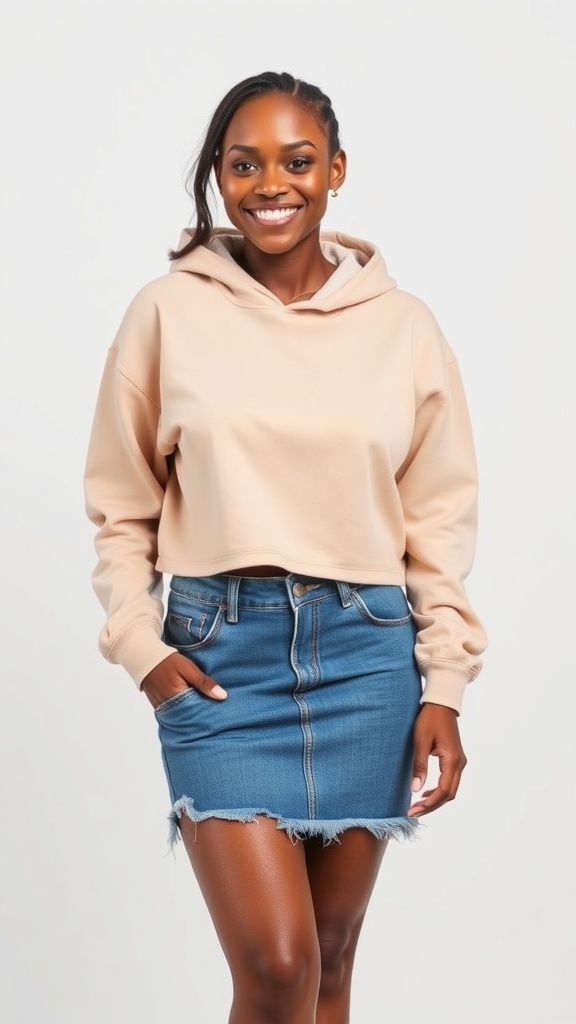 A woman smiling while wearing a distressed denim mini skirt and a cropped hoodie.