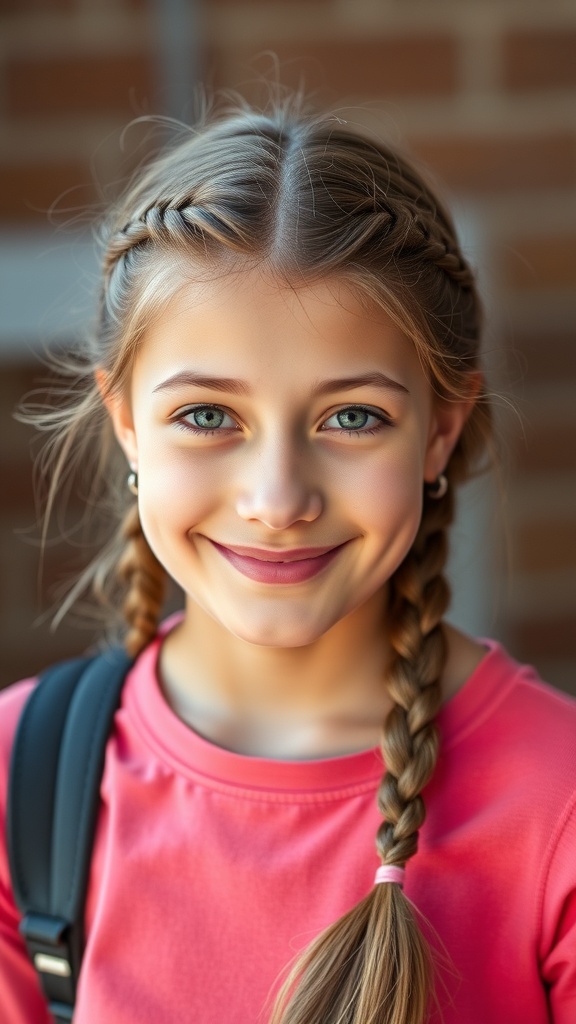 A girl with double Dutch braids smiling, wearing a pink shirt and a backpack.