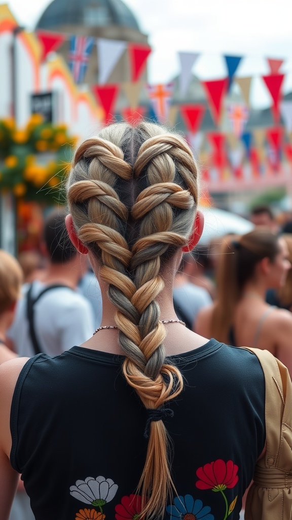 A woman with double Dutch braids styled with a twist, showcasing a vibrant hairstyle in a festive setting.