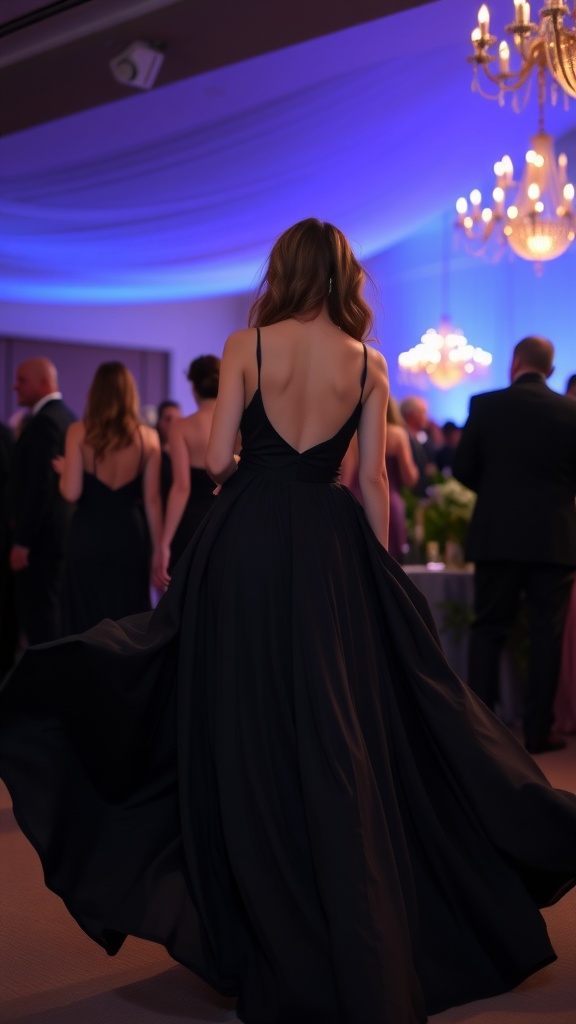 A woman in a dramatic black maxi dress with a low back, walking in an elegant evening setting.