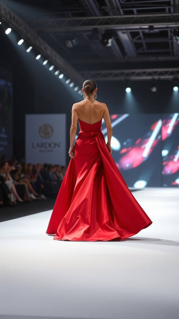 A model showcasing a dramatic red evening gown on a runway, highlighting its elegant design and flowing fabric.