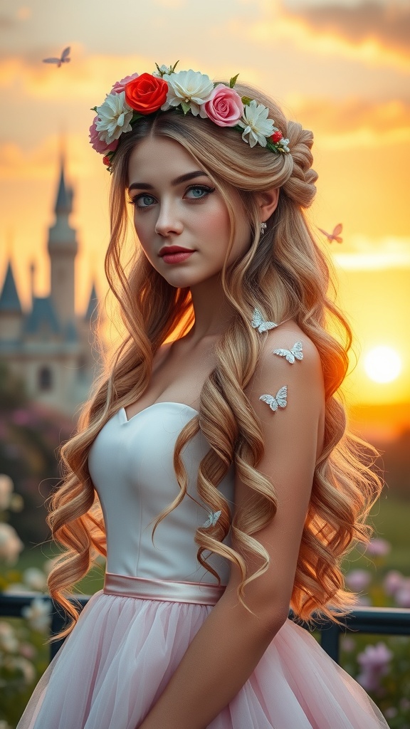 A woman with loose hair and a floral crown, set against a sunset backdrop with a castle.