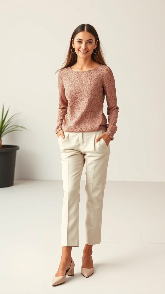 A woman wearing a dusty rose lace long sleeve top with cropped trousers and nude heels, smiling confidently.