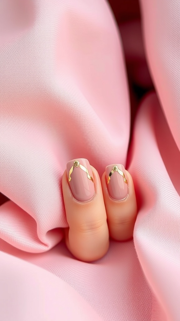 Dusty rose nails with gold foil accents on a pink fabric background