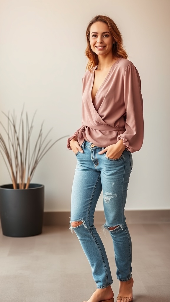 A woman wearing a dusty rose wrap long sleeve blouse with ripped jeans, smiling in a modern indoor setting.