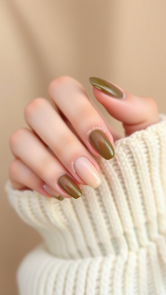 A hand with ombre nails featuring earthy tones, transitioning from olive green to nude.