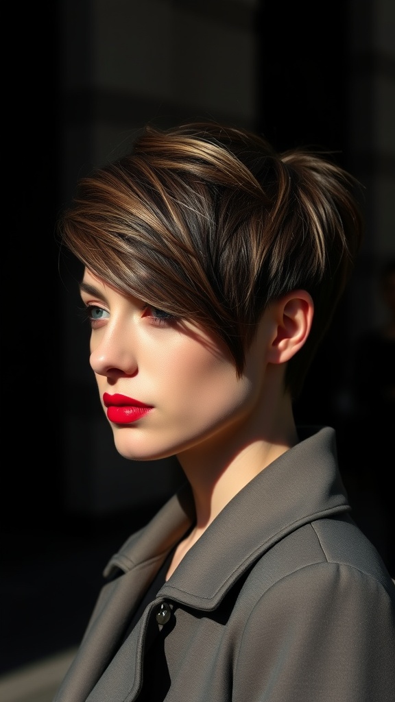 A woman with an edgy asymmetrical pixie cut, showcasing a stylish and bold hairstyle.