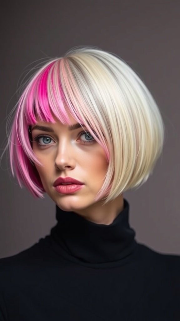 A woman with an edgy bob hairstyle featuring pink and blonde color blocking.