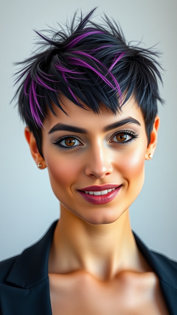 A woman with an edgy crop haircut featuring neon purple highlights, showcasing a modern and stylish look.