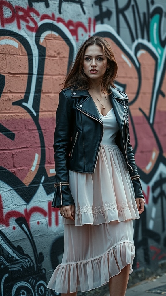 A woman wearing an edgy leather jacket over a feminine dress, standing in front of a colorful graffiti wall.