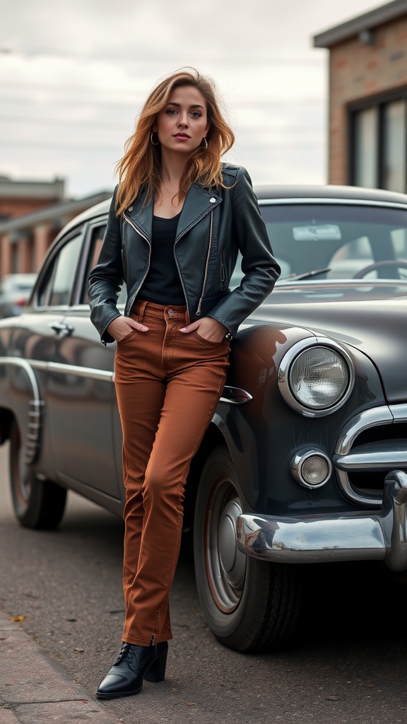 A woman wearing a leather jacket and brown jeans, standing next to a vintage car.