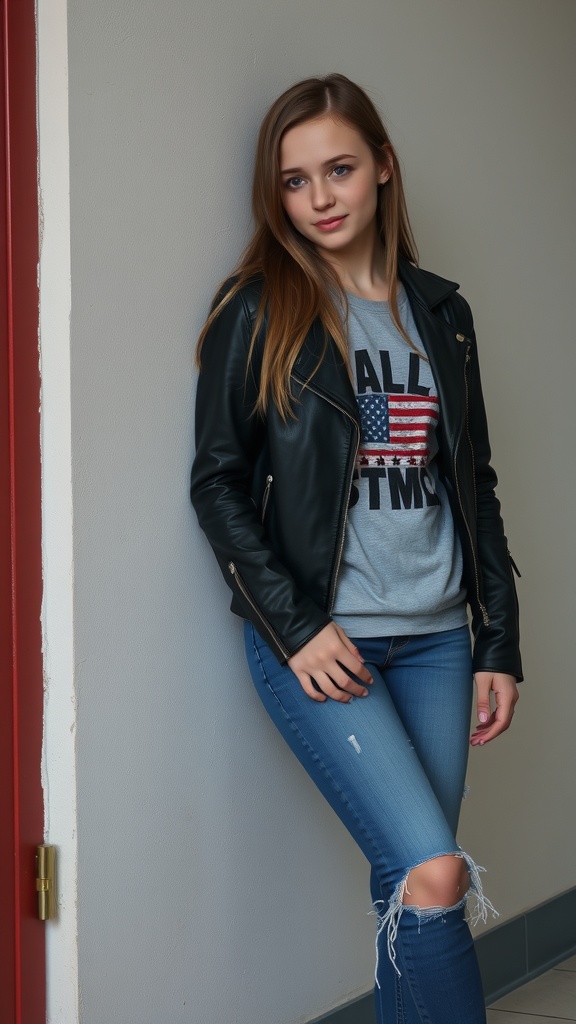 A girl wearing a black leather jacket, grey graphic tee, and distressed blue jeans, posing against a wall.