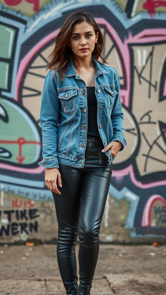 A woman wearing a denim jacket and leather pants against a colorful graffiti wall.