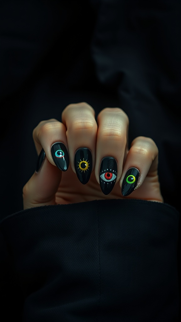 Nails with eerie eye designs on a matte black background