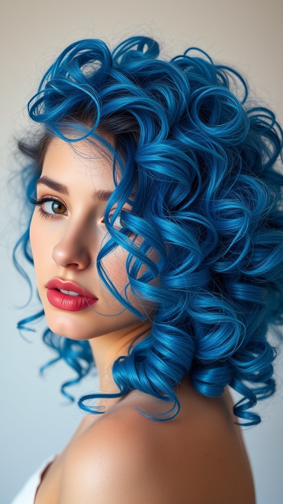 A woman with electric blue and purple curly hair, wearing a denim jacket and hoop earrings, smiling confidently.