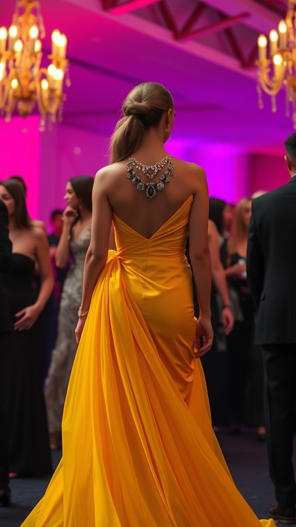 A woman in a butter yellow dress with an open back and sparkling jewelry at an evening gala.