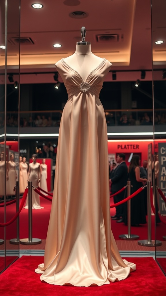 A stunning floor-length gown displayed on a mannequin, featuring a deep neckline and elegant embellishments, set against a red carpet backdrop.