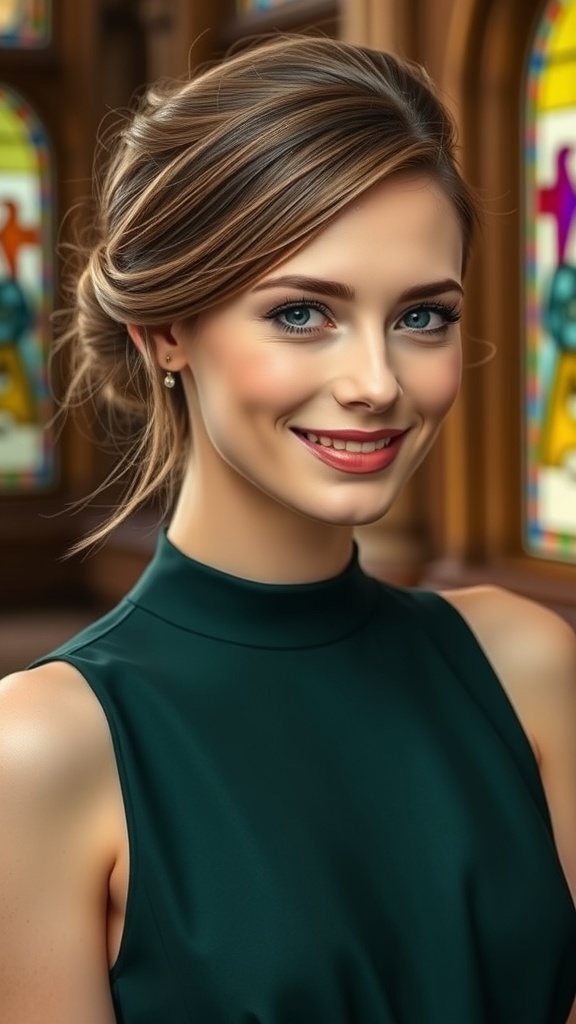 A woman with a French twist hairstyle, featuring soft curls framing her face, smiling in a stylish outfit.