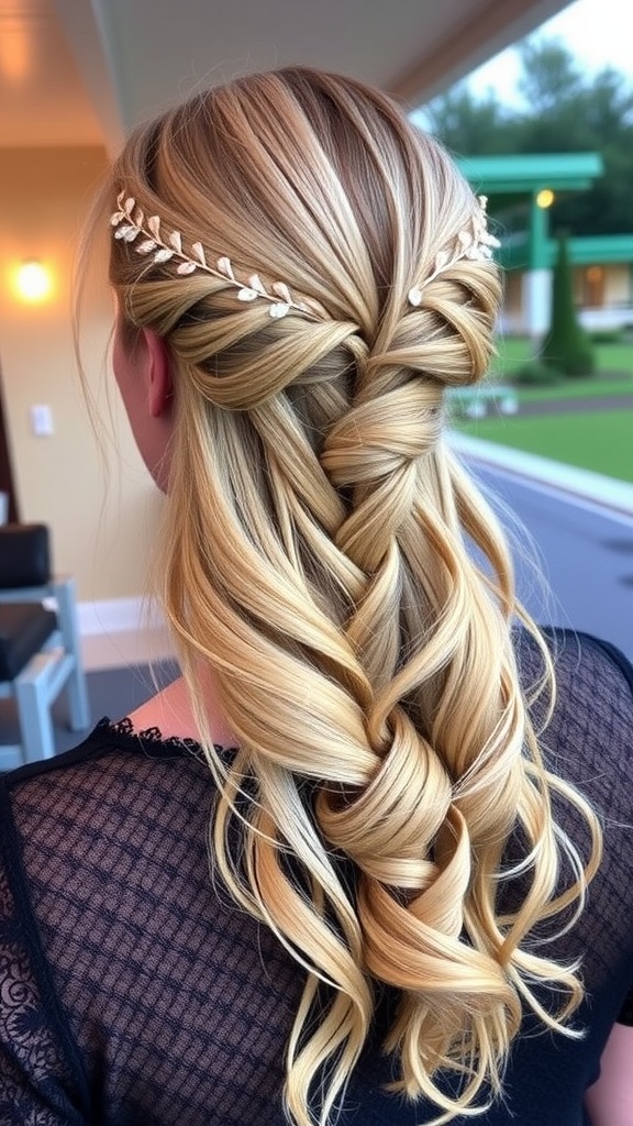 A beautiful half-up braid hairstyle with intricate twists and curls, adorned with a delicate hair accessory.
