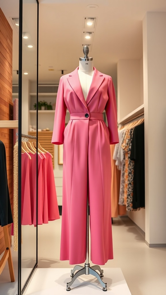 A pink jumpsuit displayed on a mannequin in a stylish boutique.