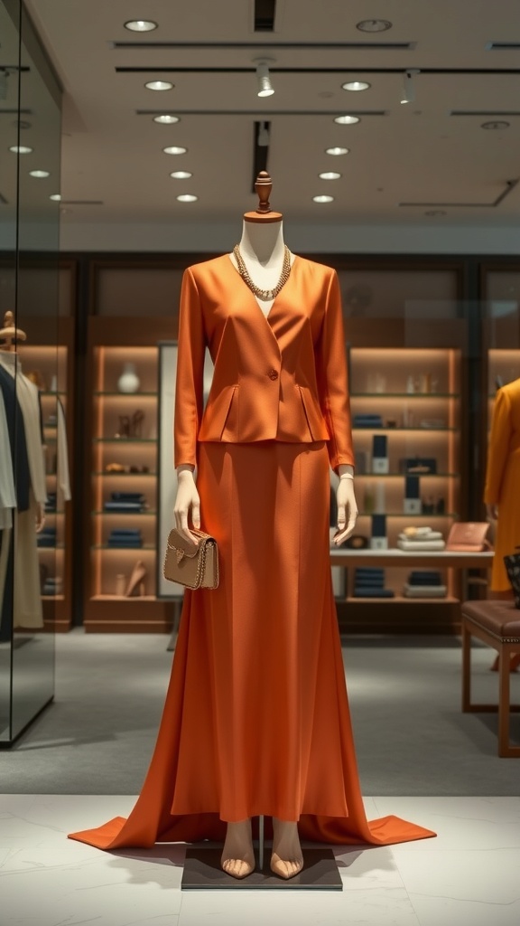 A mannequin displaying an elegant orange two-piece set, featuring a fitted blazer and a flowing skirt, accessorized with a handbag and necklace.